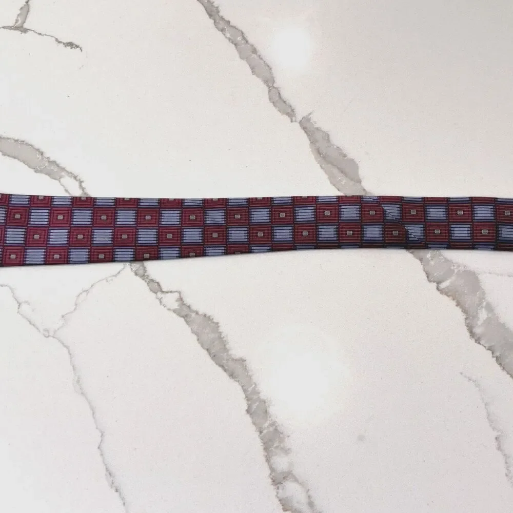 CRAZY HORSE Men's Burgundy Blue Geometric Oxford Tie Necktie 100% Silk Classic
